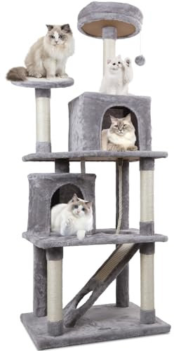 Nobleza - Árbol para Gatos, Altura 161 cm, con 5 Postes Rascadores, 5 Plataformas, 2 Cueva,1 Escalera, pompón, Cuerda de sisal, Tela de Felpa, Rascador Multinivel para Gatos Grandes,Gris