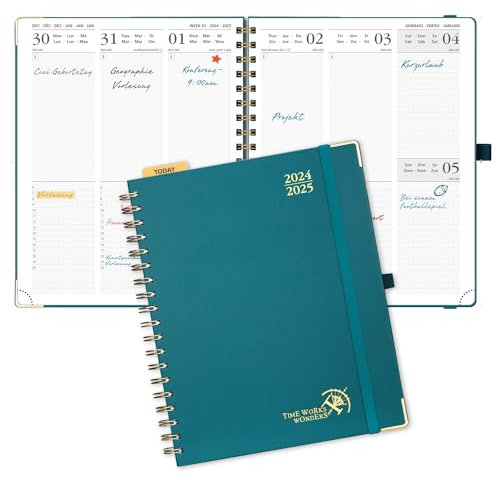 POPRUN Kalender 2025 Buchkalender (Aug.2024-Dez.2025) Ringbuch mit Hardcover, ca. A4 (25,5 x 20,5 cm), 17-Monate-Terminplaner, Wochenplaner 2025 mit Plastiklineal - Pazifikgrün