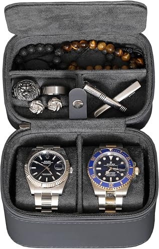 ROTHWELL Reiseetui für 2 Uhren, Organizer für 2 Uhren, Uhrenetui für Damen und Herren, robuster tragbarer Schutz mit Reißverschluss, passend für alle Armbanduhren und Smartwatches bis 50 mm (Carbon)