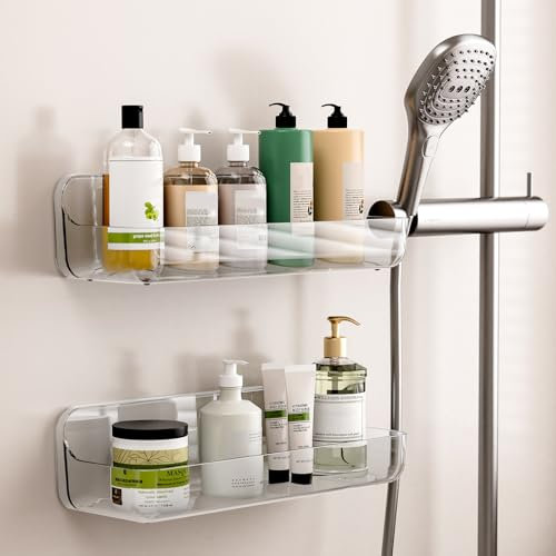 ANRUI Duschablage Ohne Bohren, 2 Stück Acryl Duschregal Wandmontage, Badezimmer Regal Organizer Shampoo Duschgel Halterung für Dusche, Duschkorb Ohne Bohren für Bad Küche, Klar-Langer Korb