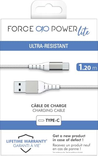 Câble Renforcé USB A/USB C 1,2m 3A Garanti à vie Blanc - 100% Plastique recyclé Force Power Lite