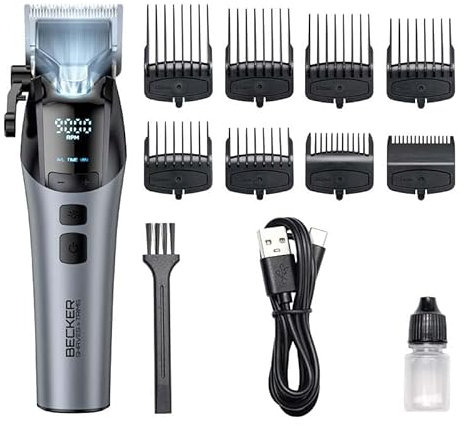 Becker X Strim Grey, Tondeuse Pro Métal Sans Fil, Lame Acier Inoxydable 45,5 mm, Batterie Lithium 4600mAh, 8 Sabots, Levier d’Ajustement, Éclairage LED Intégré, Poignée Antidérapante, Noir