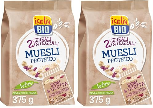 Isola Bio Muesli Proteico Biologico con Semi e Uvetta, Ricco di Fibre e Proteine, 100% Ingredienti Naturali, Senza Zuccheri Aggiunti, per Vegani e Vegetariani, Formato 375 gr (Confezione da 2)