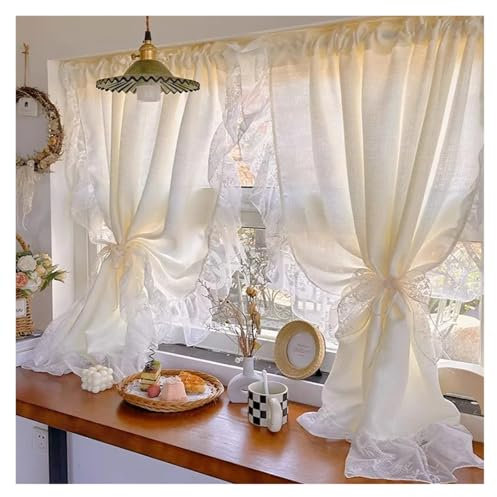 Tende arricciate Tende in tulle con pizzo arricciato in stile crema francese, tenda corta trasparente romantica gialla for soggiorno, camera da letto, porta in vetro(SPECIAL ROD POCKET_W150CM X H200CM