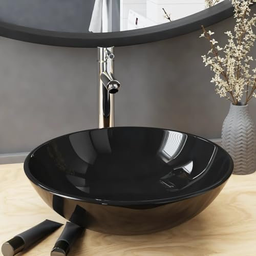 Somanki Badezimmer Waschbecken mit Wasserhahn und Ablaufgarnitur Schwarz gehärtetes Glas, Aufsatzwaschbecken, Waschtisch, Aufsatzwaschtisch, Wash Basin, Badmöbel, Bathroom Sink 3098449