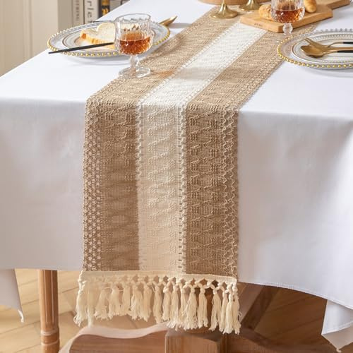 meioro Böhmische Tischläufer für Tisch Dekoration, 30x220cm Tischdeko aus Gewebtem Jutestoff mit Quasten, Rechteckige Landhausstil Tischdecke für Esszimmer Urlaub Party Wohnzimmer (Braun & Weiß)