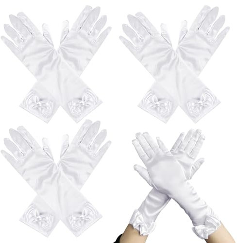 UILYNIU 3 Paar Mädchen Prinzessin Lange Weiße Satin Handschuhe Mit Schleife Perle - Opernhandschuhe für Braut Hochzeit Blumenkleid Halloween Party Geburtstag Kostüm