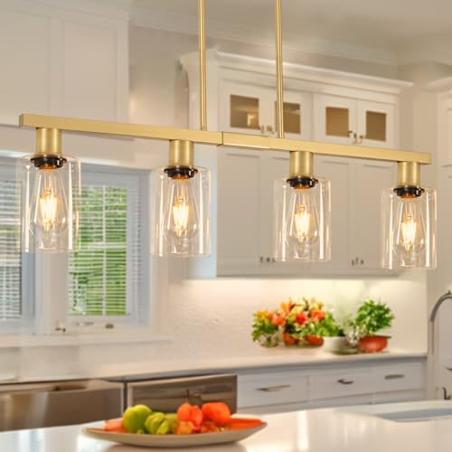 4-Light Kitchen Island Lighting, Gold Dining Room Light Fixtures over Table, Island Lights with Glass Shade, Farmhouse Pendant Lights Kitchen Chandelier for Restaurant Bar, Height Adjustable