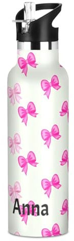 Personalisierte Wasserflasche für Kinder, mit Strohhalm, auslaufsicher, isoliert, BPA-frei, 590 ml, rosa Schleifen, Pastellfarben