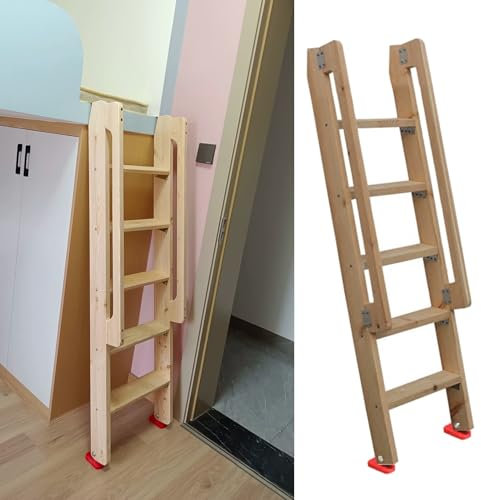 DECAKE Natural Solid Wood Bunk Bed Ladder, Short Loft Dorm Home Attic Ladder 49in/59in, Space Saving Rv Twin Bunk Bed with Hooks, Straight Escape Ladder(5 Step 150cm/59)