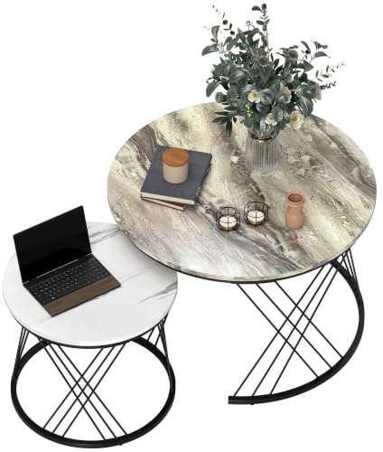 HOMCOM Juego de 2 Mesas Nido Mesas de Centro Salón Redondas Gris y Blanco | Tablero con Diseño de Mármol, Marco de Metal, Sala de Estar, Dormitorio