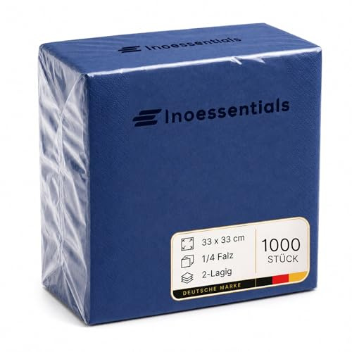 Inoverse Servietten Blau 33x33 cm 1000 Stück, Papierservietten Großpackung | 2-lagig 1/4-Falz einfarbig, Einwegservietten, für Hochzeit, Buffet, Party, dekorative Tischservietten für Gastronomie