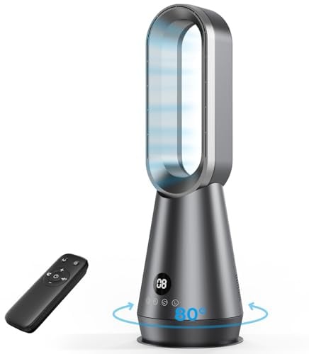 AIYATO Ventilador de Torre Sin Aspas Silencioso 32dB, Ventilador de Pie con 8 Velocidades, Modo Sueño, Oscilación 80°, Pantalla LED y Mando a Distancia para Dormitorio, Oficina y Habitación Infantil