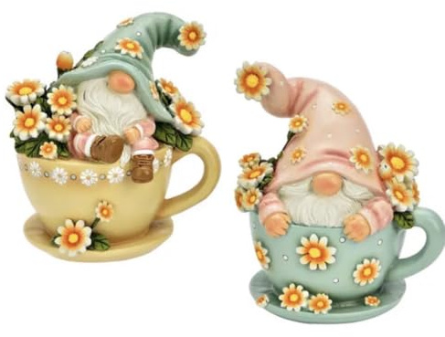 Seyila Home Gartenzwerg Wichtel in Tasse- 2 er Set aus Poly, Blumenmotiv, Frühlings & Gartendeko,Figur