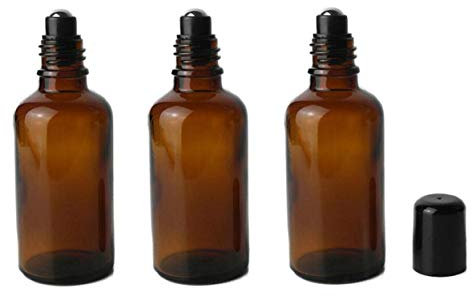 VASANA 3PCS 50ML Empty Refillable Amber Glass Roll on Bottles Essential Oil Roller Bottles with Stainless Steel Roller Ball and Black Cap Attar Bottle For Essential Oils Aromatherapy Lip Gloss Balms