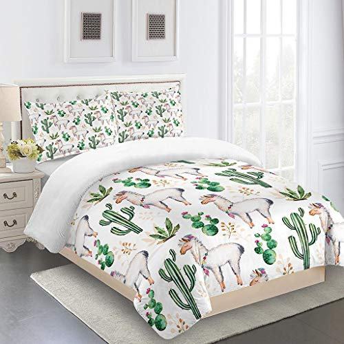 RQXRTR 3D Bettbezug Set, 3 Stück Super Weiche Und Angenehme Mikrofaser Bettwäsche Set, 1 Bettbezug & 2 Kissenbezug, Baby Betten Schlafzimmer Weihnachtsdeko (135X200cm, Kaktus Tier Alpaka)