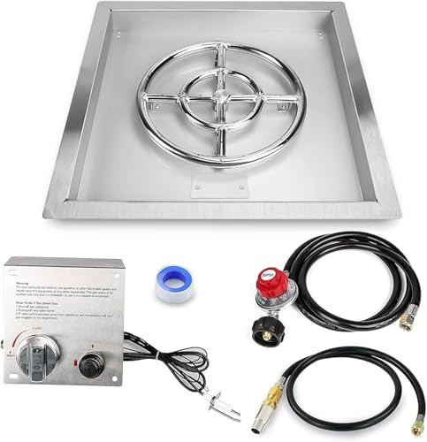 Grisun Drop-In-Feuerschalen-Set, 45,7 x 45,7 cm, runder Brenner mit Tablett, mit verbessertem Funkenzünd-Set für Gas-Feuerstelle, Feuerschalen-Tischeinsatz, Edelstahl, geeignet für Innen- und