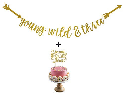 Young Wild & Three Gold Glitter Banner und Kuchendekoration für Baby 3. Geburtstag Party Dekorationen von Topfunyy