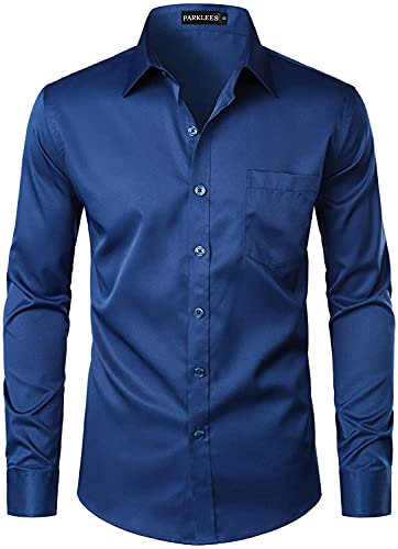 PARKLEES Men's Urban Stylish Casual Business Slim Fit Long Sleeve Button Up Dress Shirt with Pocket Navy Blue L