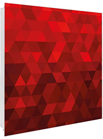 banjado® Großer Schlüsselkasten Glas/Schlüsselbox 30cm x 30cm mit 50 Haken - Motiv Dreiecke Rot/Schlüsselkasten modern für Schlüsselaufbewahrung mit beschreibbarer, magnetischer Glastür