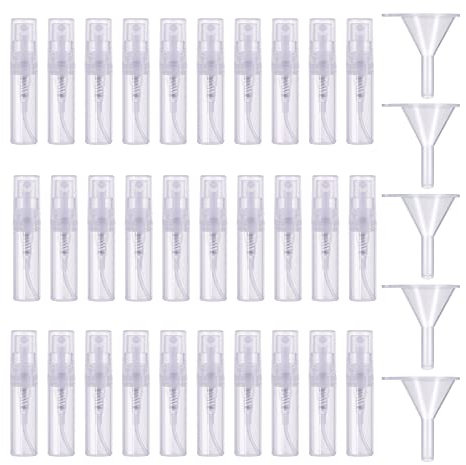 Lahviuu Mini Botella de Spray,30pcs 2ml Plástico Transparente Botella Spray Pulverizador Mini Atomizador de Perfume para Viajes Perfumes Cosméticos(con 5 embudos)