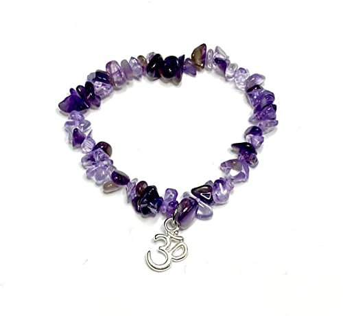 Generico ALCHIMIA - Bracciale chip pietre vere naturali con ciondolo OM metallo color argento AMETISTA