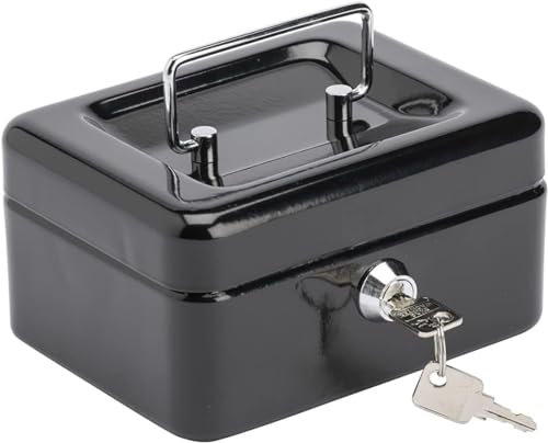 Primes DIY 5inch Cash Box Steel Petty Cash Box Supplied with 2 Keys in Black and Blue Perfect Secure Storage for Loose Change (Black)
