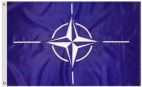 Bandera de la OTAN resistente de 3 x 5 pies, nailon 210D de más larga duración, brújula bordada, rosa, cuatro filas de puntadas, extremos de mosca, banderas de organización del tratado del Atlántico