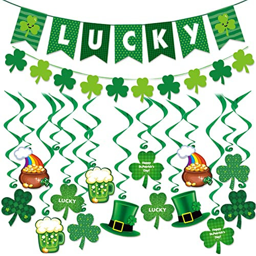 St Patricks Day Deko Party Dekorationen | 14 St. Patrick's Hängende Wirbel, 1 LUCKY Banner, 1 Grün Kleeblatt Girlande, St Patricks Day Accessoires für Zuhause Klassenzimmer Büro Irische Partybedarf