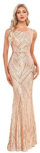 Abiti da Donna Senza Maniche Girocollo di Lusso in Oro Rosa Temperamento Elegante Abito da Sera Sirena Abito da Sera Lungo Lucido (Color : Golden, Size : L)