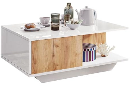 Dafi Furniture Couchtisch Weißer Eiche, Moderner Wohnzimmertisch mit praktischem Stauraum, glänzender weißer Tischoberfläche, moderner und eleganter Mitteltisch für Tee und Kaffee (Gloss Blanc Chêne)