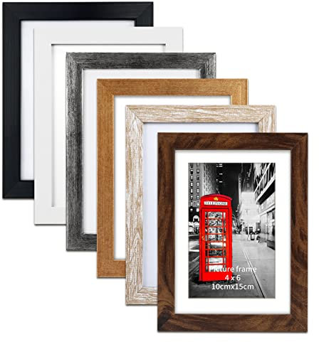 EYMPEU 6x4 Photo Frame Set of 6, Mixed Colour Picture Frames with Mount for 4x6 Inch Picture Display, Without Mount Fits 5x7 Inch Photo - Versatile Wall and Desk Mount