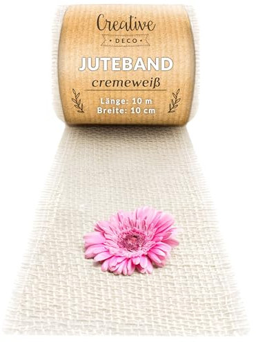 Creative Deco Weiße Juteband Jute Tischläufer | Rolle 10 cm x 10 m | Hochzeitsdeko Dekoration | Breit Naturbrauner Stoff | Kunst und Handwerk | Jutestoff Tischband | Dekorativer Boho Band