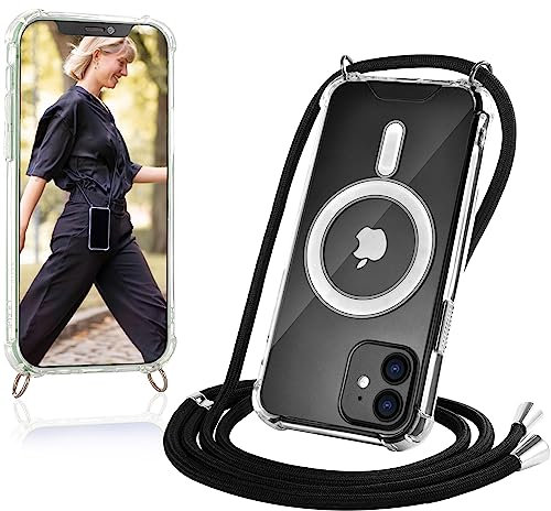 JProtect für iPhone 12 Mini Hülle mit Band und MagSafe – Magnetische Handykette für iPhone 12 Mini Magnet – Durchsichtige Umhängehülle Band Schwarz – Kette Handyhülle für MagSafe Zubehör