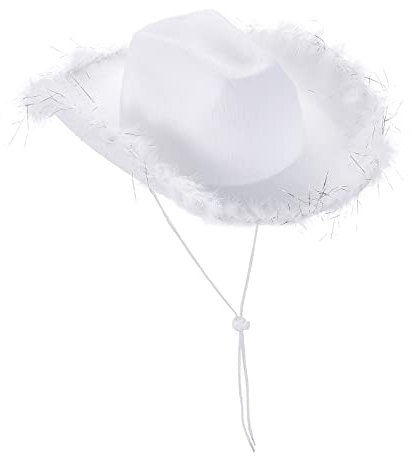 DELIMALI Cowgirl-Hut, Cowboyhüte für Frauen, flauschige Federkrempe, Cowboyhut für Junggesellinnenabschied, Cosplay, Kostüm, Verkleidung, Party (weiß-silberne Feder, 32 x 42 x 18 cm), Einheitsgröße