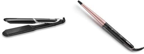 BaByliss Lisseur Sleek Control Wide avec plaques Tourmaline-Céramique et peigne amovible Noir/Argenté, 35mm & Boucleur Professionnel Conical Wand en Quartz - Céramique C454E Noir et Rose Gold 13-25 mm