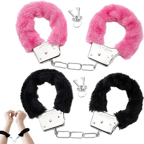 2 Paia di Manette Set con 4 Chiavi, Manette in Peluche in Rosa per Giochi di Ruolo della Polizia, Addio al Nubilato, Manette in Metallo in Nero per Costume, Festa a Tema, Gioco per Adulti