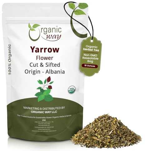 Organic Way Yarrow Flower Cut & Sifted (Achillea millefolium) - Herbal Tea | European Wild-Harvest | Kosher & USDA Certified | Vegan, Non-GMO & Gluten Free | 100% Raw from Albania (1LBS / 16Oz.)