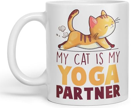 Vixar My cat is My Yoga Partner, cat Sarcastic Joke Ceramic Coloured Mug Cup for Tea Coffee Hot Brew 330ml 11Oz (White)