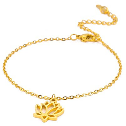 TEAMER Größenverstellbares Lotus-Knöchel-Armband, Fußkettchen, Edelstahl, Semikolon, Fußkettchen, Yoga, Meditation, inspirierender Sommer-Strand-Schmuck für Frauen (Lotus - Gold)