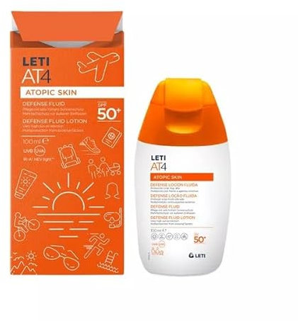 LETI AT4 Defense Fluid SPF 50+ – Sonnenlotion mit sehr hohem Lichtschutzfaktor 50+ für Gesicht und Körper bei trockener Haut und Neurodermitis, 100 ml