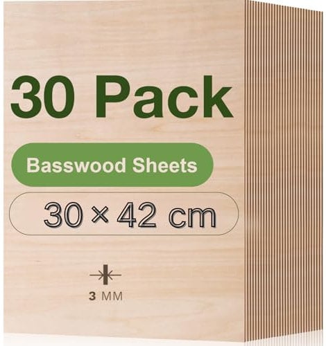 ROBOTIME Tablero Madera Contrachapada 3mm A3 30×42cm 30 Piezas Linden Tablero de Madera a Medida Para Bricolaje,Pirograbado Corte por Laser CNC Router Modelado