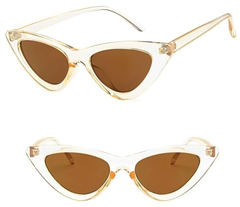 No Name Ltd Slim Cat Eye Champange Sunglasses Women Ladies Retro Vintage Cateye 1970's Cat Eye Reflective IBIZA 2024 UK (See Through)