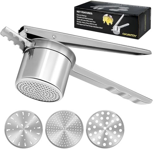 Potato Ricer 15oz, Heavy Duty Stainless Steel Potato Masher and Ricer for Mashed Potatoes,with 3 Interchangeable Discs, Potato Press Kitchen Tool for Mashed