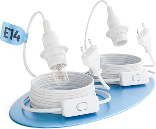 2 Stück E14 Lampenfassung mit Kabel, Schalter und Stecker, Fassung E14 mit 1.8M Netzkabel und EU Stecker +4 Stück Warmweiß Bulb - Steckdosenadapter, für DIY Lampen, Küche, Wohnzimmer(Weiß)