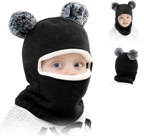 RoserRose Baby Wintermütze Kindermützen Winter, Kinder Schlupfmütze Jungen und Mädchen Schalmütze, Winddicht Kälteschutz Strickmütze Warm Beanie Mit Bommel für Kinder Baby 2-7 Jahre, Schwarz