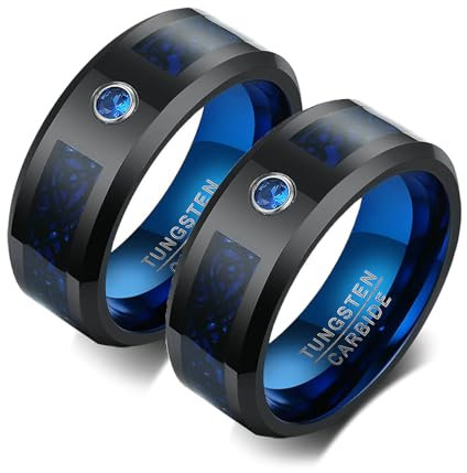 Daesar Trauringe für Sie und Ihn Set Wolframcarbid, Hochzeit Ringe 8MM mit Zirkonia und Kohlefaser Verlobungsringe Paar Ringe Personalisiert Blau Schwarz Damen Gr.65 (20.7)& Herren Gr.55 (17.5)