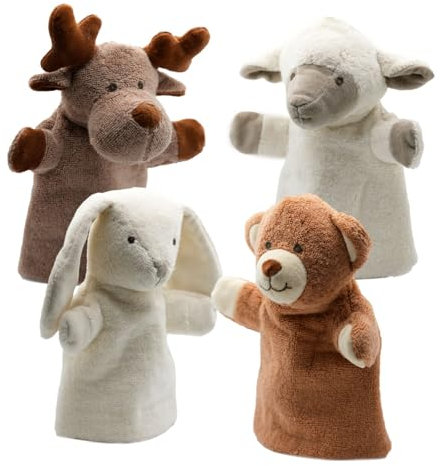 Cute Since 1999 Handpuppen-Bündel 4 Stück für Kinder ab 0 Monate - Biologische Handpuppe für Junge & Mädchen - Bär, Lamm, Kaninchen und Rentier für Puppentheater Kinder - 26 x 20 cm