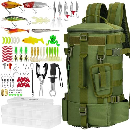 THKFISH 84-teiliges Angelrucksack Werkzeugsatz, Angelzubehör Kit Angeltasche für Angeln, inklusive Angelzangen, Ködern, Fischhakenentferner und Lip Gripper,Angeln Köder Kits