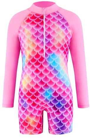BOVOSHA Girls Mermaid Swimming Costume Kids One Piece Long Sleeve Swimsuit Swimwear Age 3-14 Years (Red, 10-12T)
